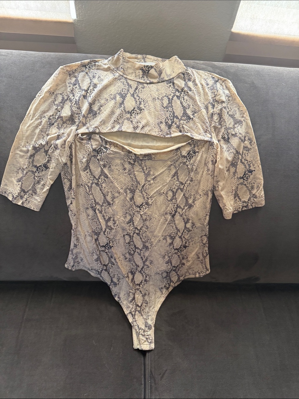 Jonathan Simkhai Snakeskin-Print Fitted Bodysuit in Beige and Gray